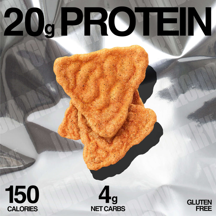 Three barbecue protein chips on silver foil with text showing 20g protein, 4g net carbs, 150 calories, gluten-free.