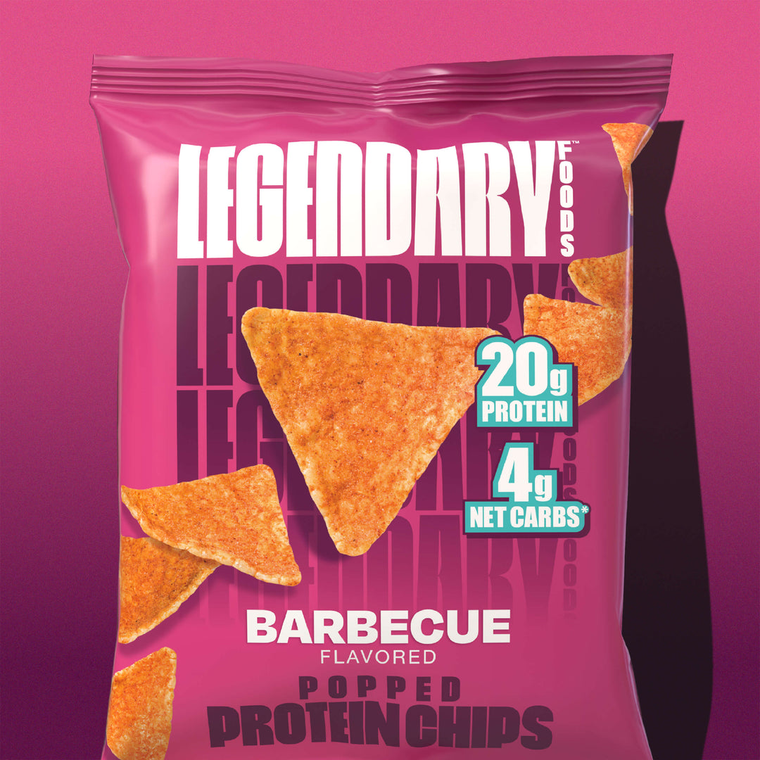 Single bag of Legendary Foods Barbecue Popped Protein Chips featuring 20g protein and 4g net carbs.