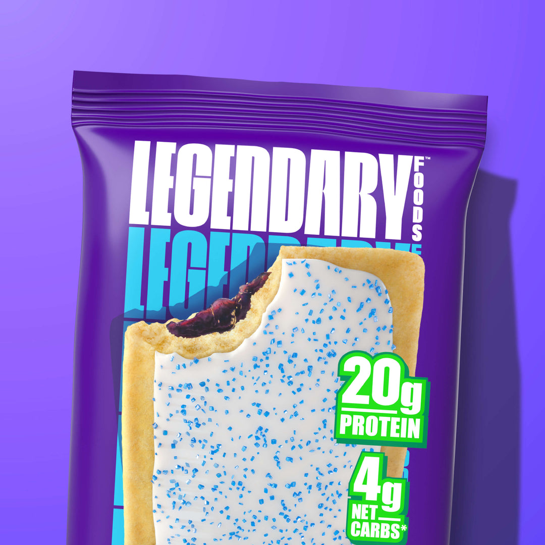 Legendary Foods Blueberry Protein Pastry bag with frosting and blue sprinkles, 20g protein and 4g net carbs.