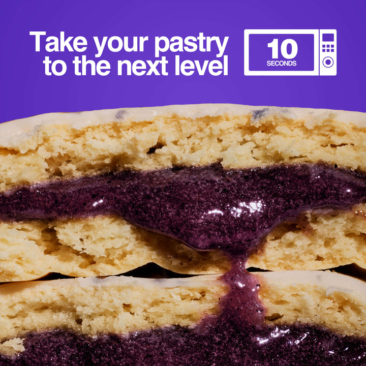 Close-up of blueberry pastry with molten purple filling and microwave icon, captioned 'Take your pastry to the next level.'