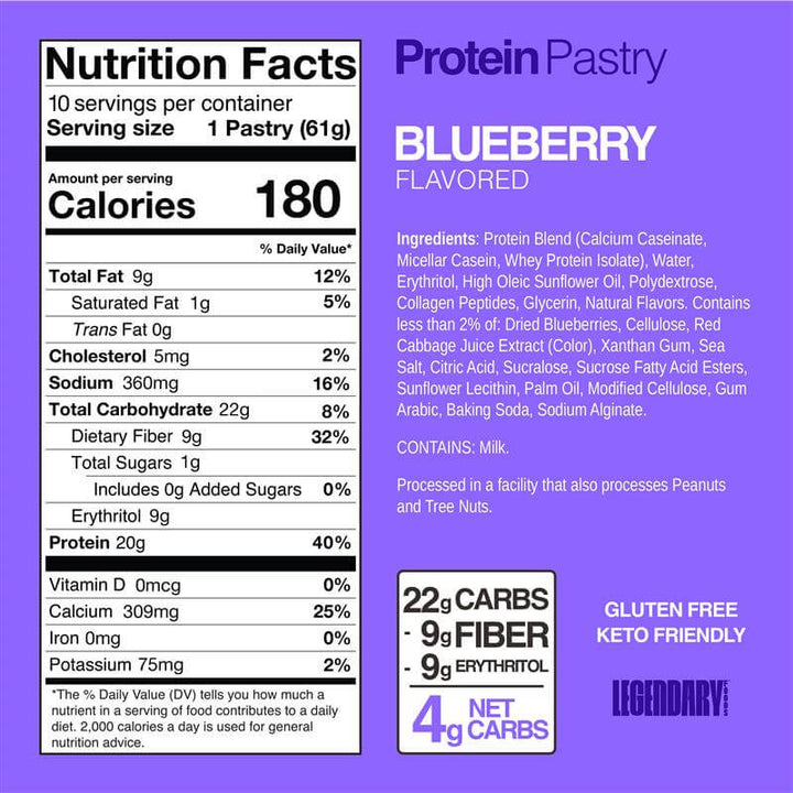 Blueberry Protein Pastry with 20g protein, 1g sugar, and 4g net carbs. Nutrition facts and ingredient list displayed on purple background.
