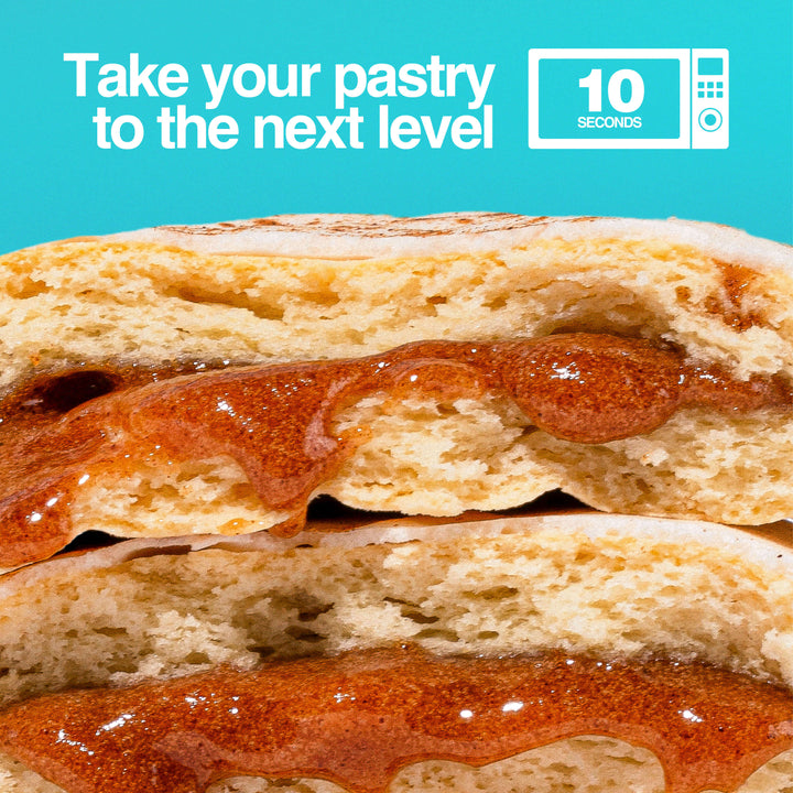 Close-up of melted cinnamon filling in Brown Sugar Cinnamon pastry with "Take your pastry to the next level" text.