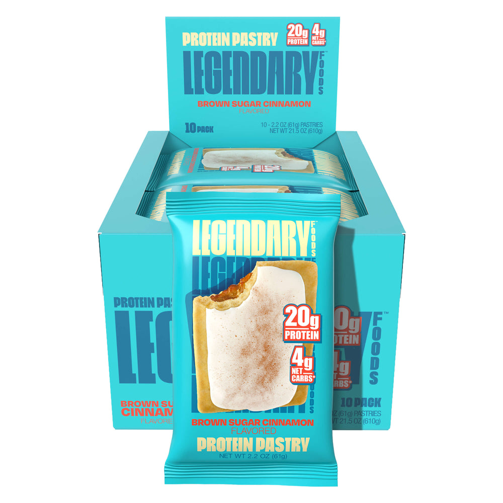 Box of Brown Sugar Cinnamon Protein Pastries, 10-pack with individual pastry bags shown.