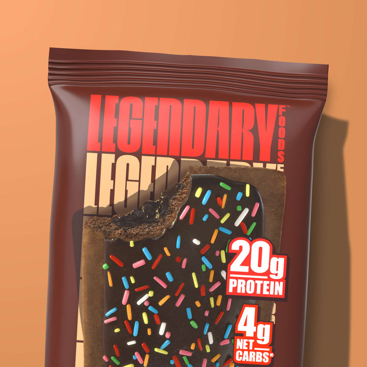 Chocolate Cake Protein Pastry package with chocolate icing and rainbow sprinkles, 20g protein, 4g net carbs.