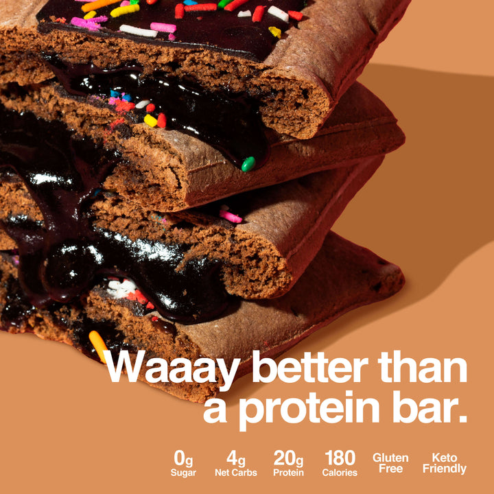 Stack of Chocolate Cake pastries with gooey chocolate filling, labeled "Waaay better than a protein bar."