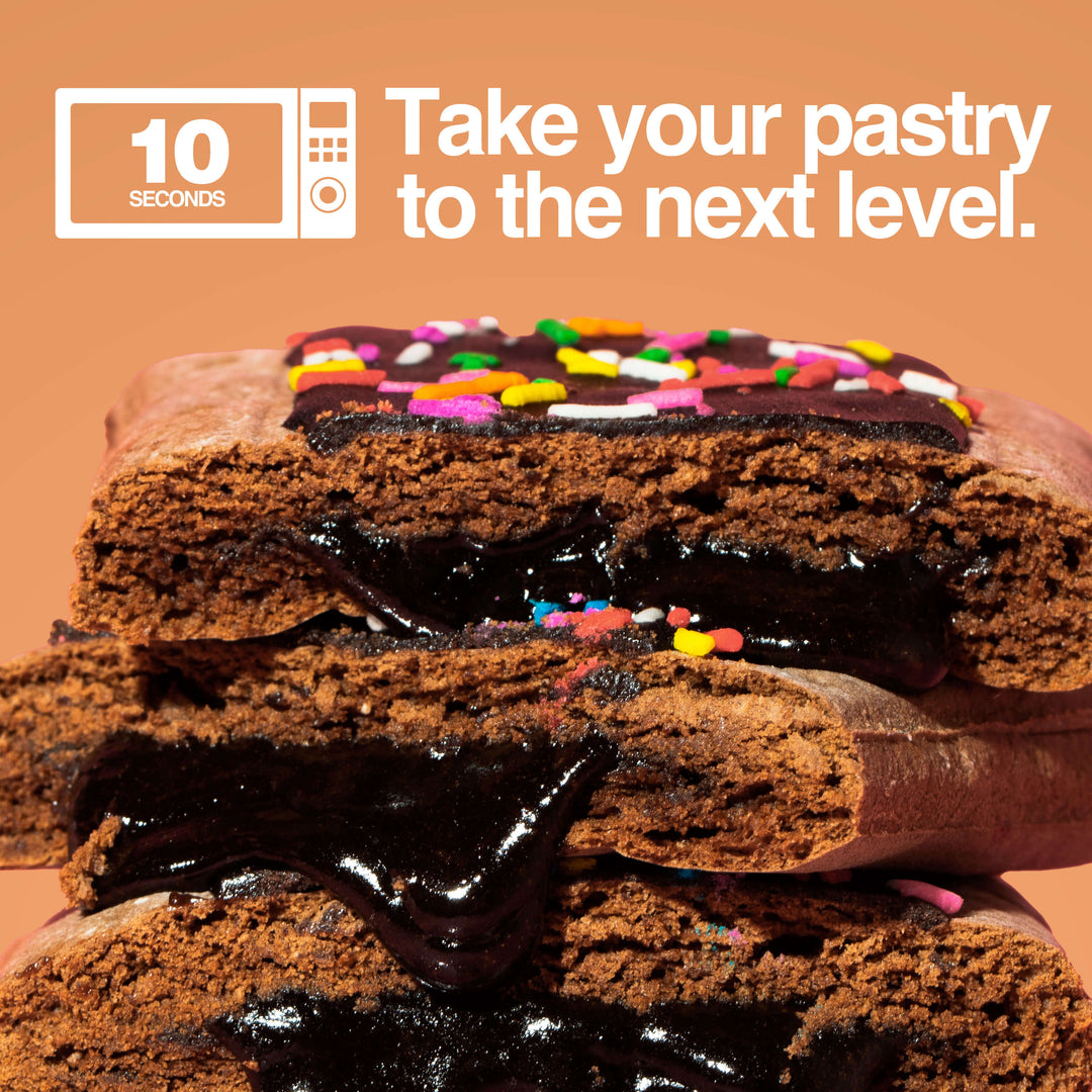 Close-up of melted chocolate filling in Chocolate Cake pastry with "Take your pastry to the next level" text.