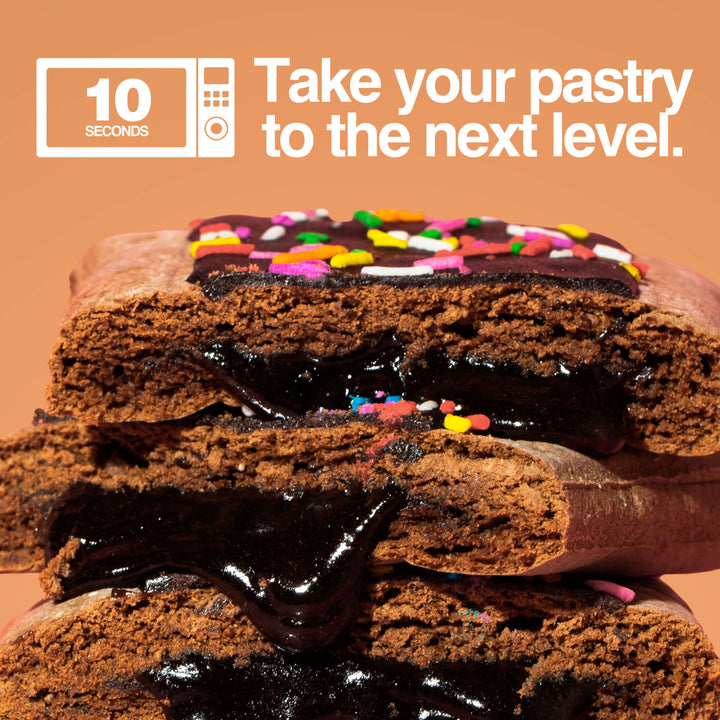 Close-up of melted chocolate filling in Chocolate Cake pastry with "Take your pastry to the next level" text.