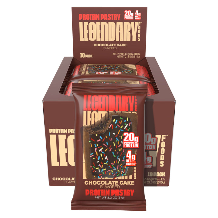 Box of Chocolate Cake Protein Pastries, 10-pack with individual pastry bags shown.