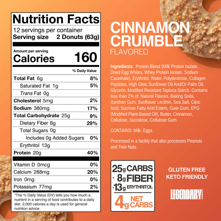 Cinnamon Crumble Protein Donut nutrition label showing 160 calories, 20g protein, 0g sugar, 4g net carbs, and a full ingredient list.
