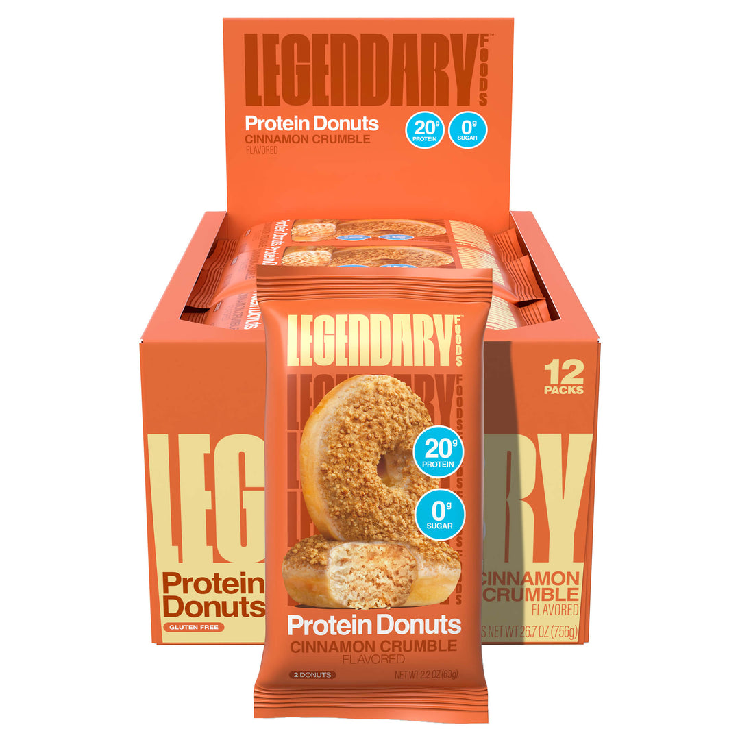 Box of Legendary Foods Cinnamon Crumble Protein Donuts with a pouch displayed in front showing donut image and 20g protein badge.