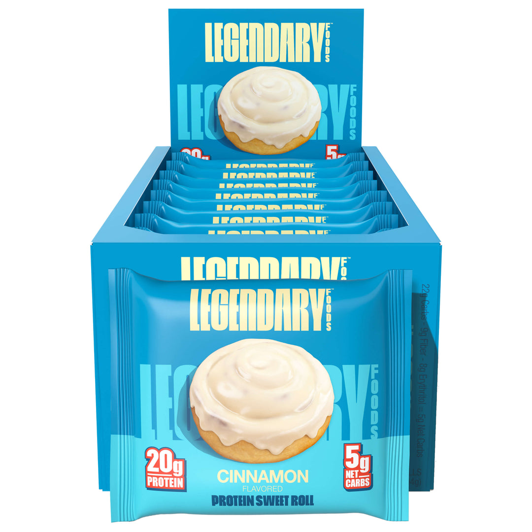 Cinnamon Protein Sweet Rolls stacked in retail display box. Text: "20g Protein, 5g Net Carbs."