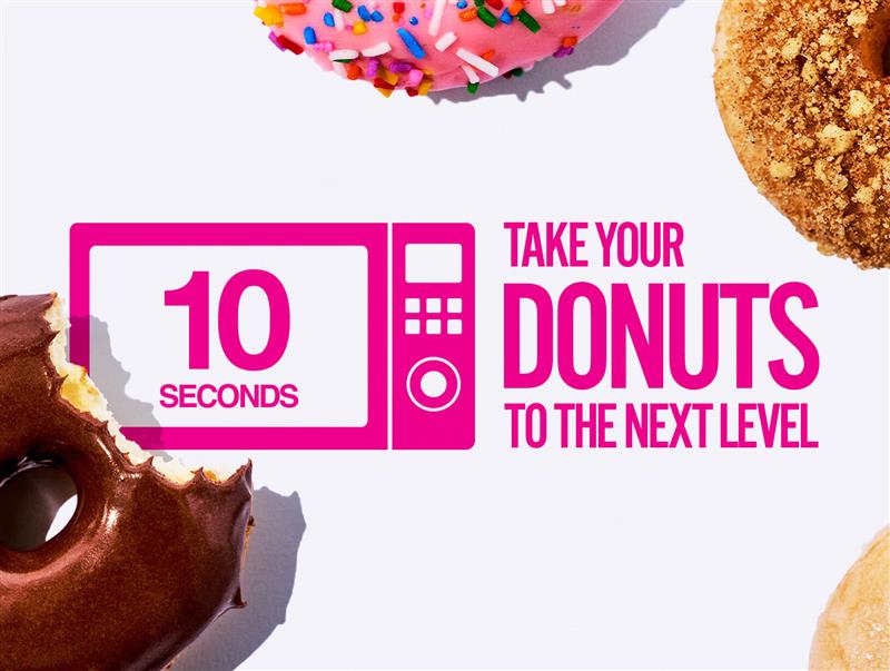 Microwave icon with “10 Seconds” and text “Take your donuts to the next level,” surrounded by donuts on a white background.