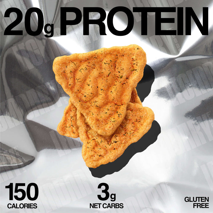 Three Jalapeño Cheddar protein chips on silver foil with text showing 20g protein, 3g net carbs, 150 calories, gluten-free.