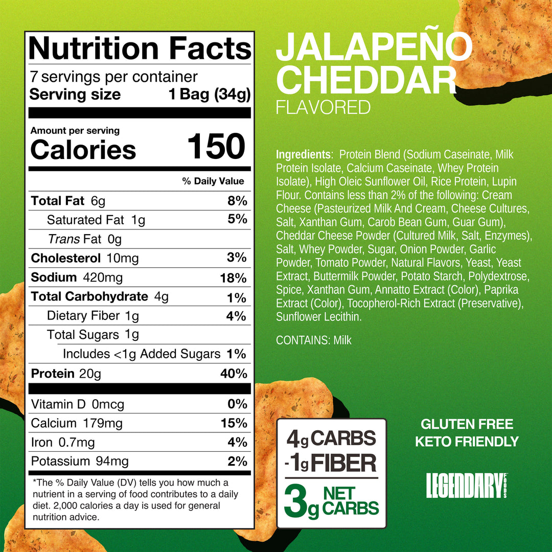 Nutrition facts and ingredients for Legendary Foods Jalapeño Cheddar Protein Chips highlighting 20g protein and 3g net carbs.