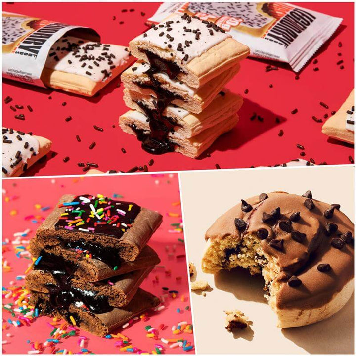 Close-ups of three chocolate snacks: gooey pastries with sprinkles and a bitten sweet roll topped with chocolate chips.