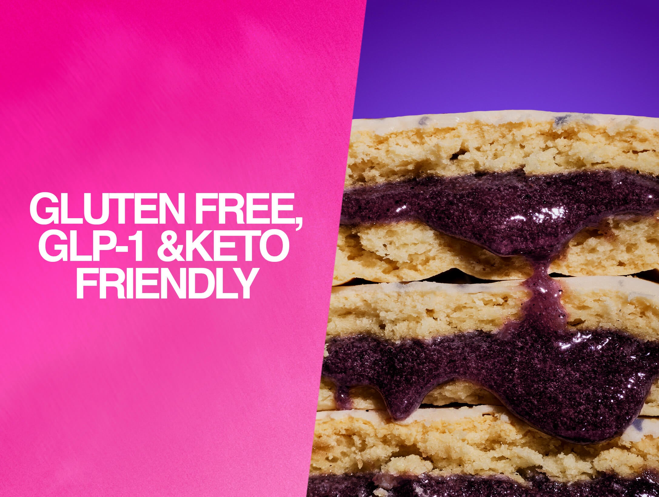 Mobile version with bold text “GLUTEN FREE, GLP-1 & KETO FRIENDLY” on a pink background. Blueberry pastries with thick, glossy purple filling are stacked beside the text.