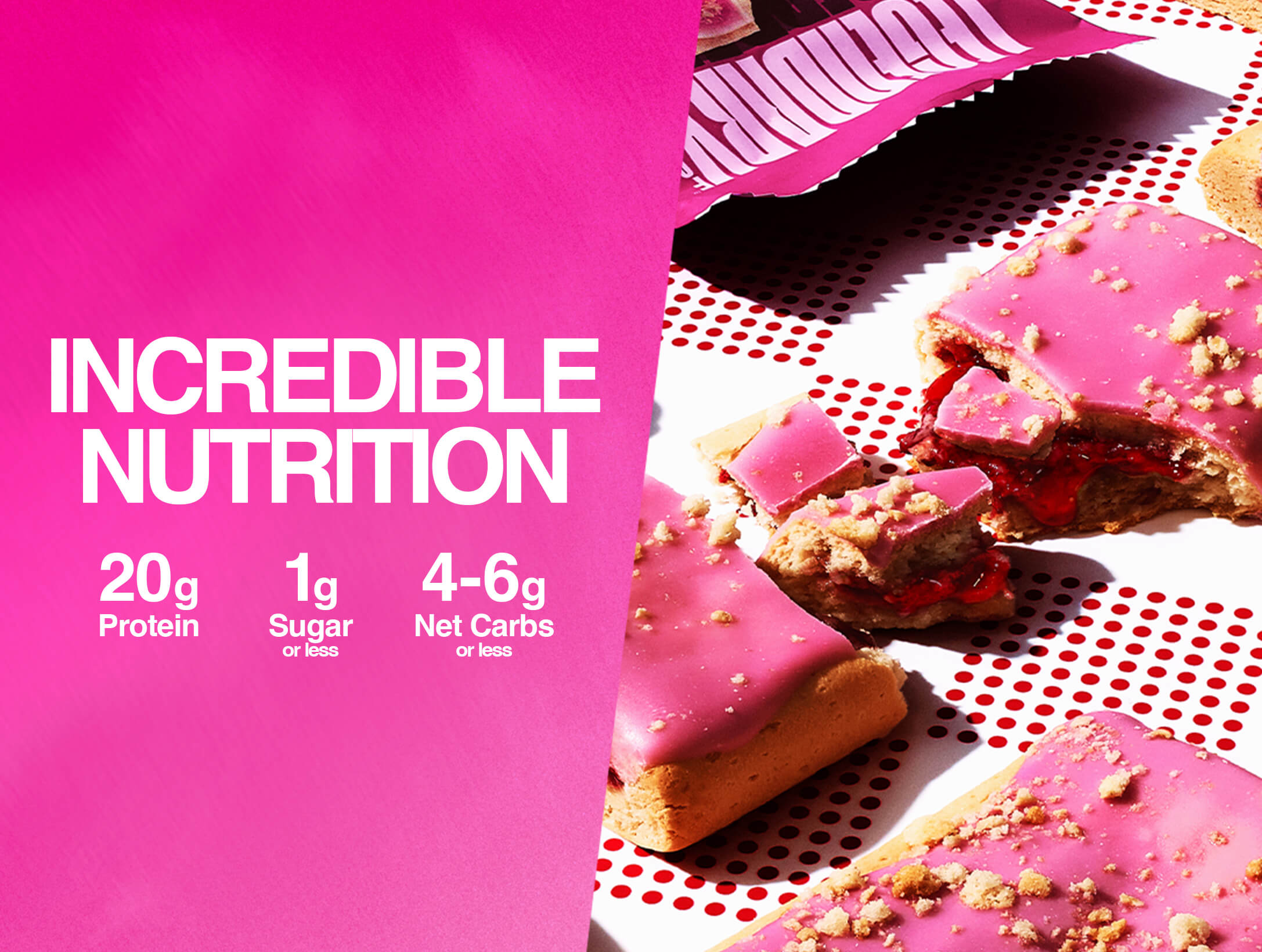 Mobile version of “INCREDIBLE NUTRITION” text in bold white on pink. Below it lists: “20g Protein,” “1g Sugar or less,” and “4–6g Net Carbs or less.” Right side shows pink-frosted pastries with red filling, one broken apart.