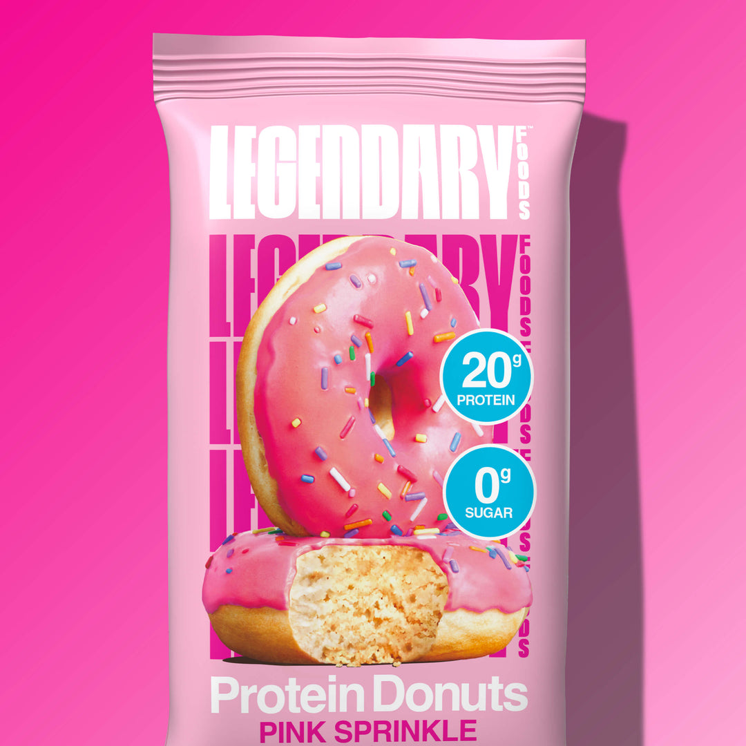 Close-up pouch of Legendary Pink Sprinkle Protein Donuts with sprinkled donut image and callouts for 20g protein and 0g sugar.
