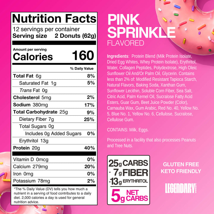 Pink Sprinkle Protein Donut nutrition label with 160 calories, 20g protein, 0g sugar, and 5g net carbs. Full ingredients listed at right.
