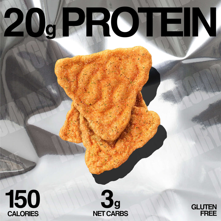 Three Pizza flavored protein chips on a silver background highlighting 20g protein, 3g net carbs, and 150 calories.