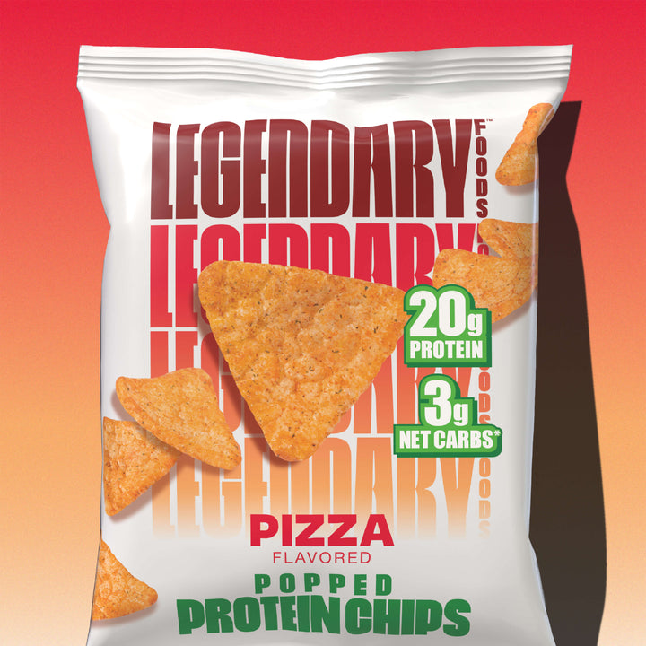 Bag of Legendary Foods Pizza Popped Protein Chips against a red-orange background.