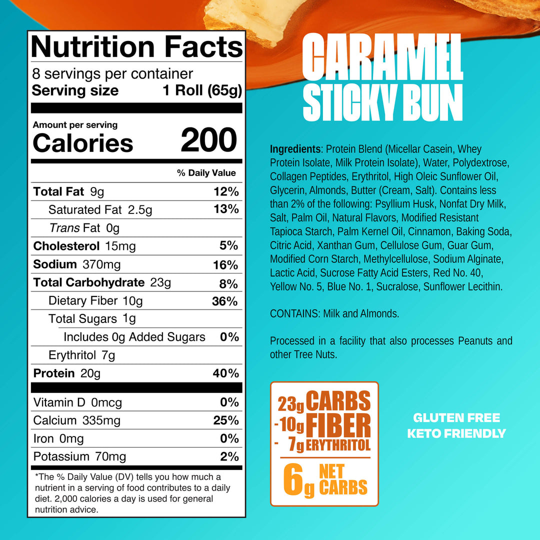 Nutrition facts and ingredients for Caramel Sticky Bun protein pastry, showing 200 calories, 20g protein, gluten-free, keto-friendly.