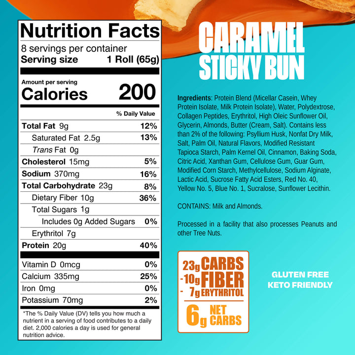 Nutrition facts and ingredients for Caramel Sticky Bun protein pastry, showing 200 calories, 20g protein, gluten-free, keto-friendly.