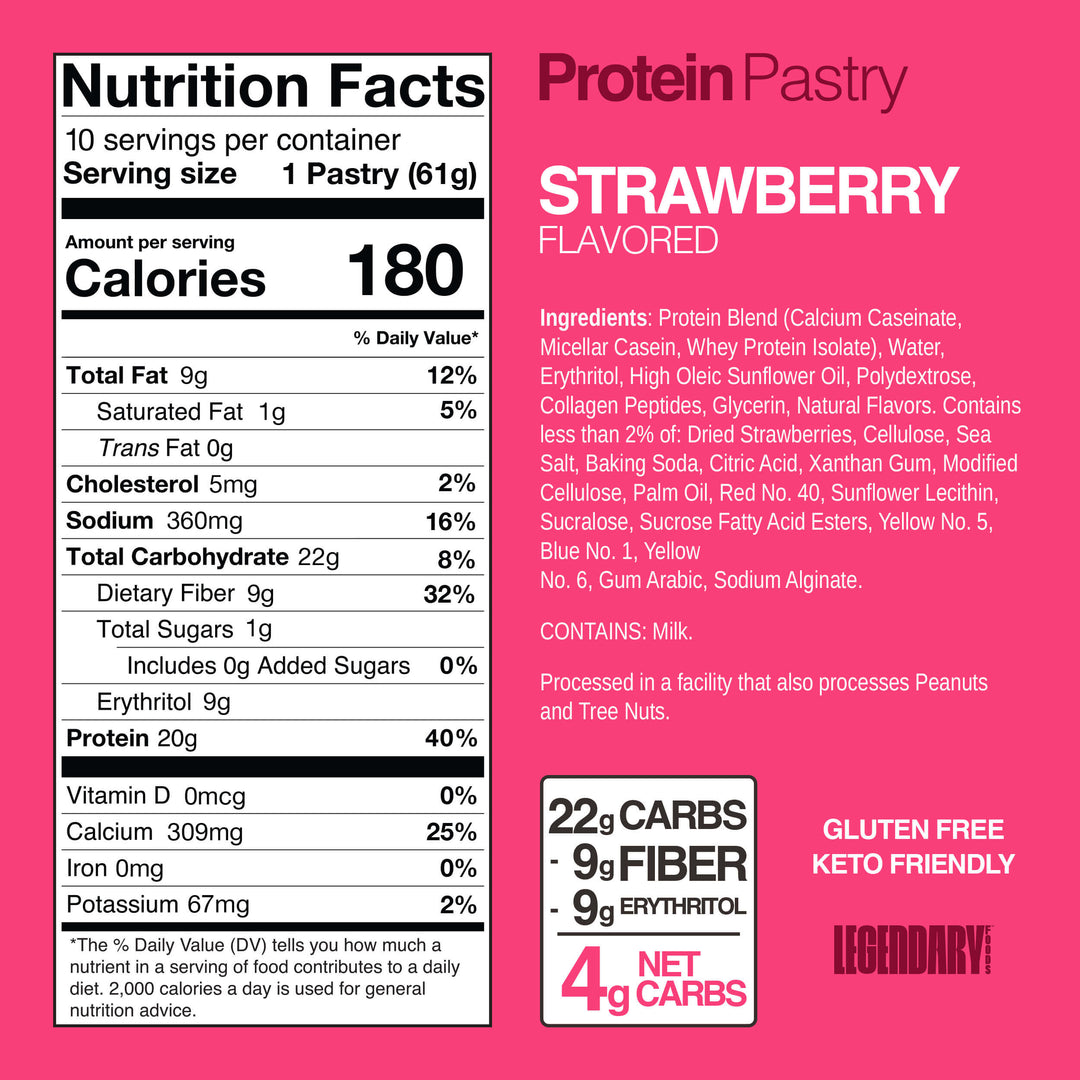 Strawberry Protein Pastry with 20g protein, 1g sugar, and 4g net carbs. Nutrition facts and colorful ingredient panel shown.