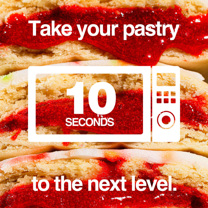 Close-up of Strawberry Protein Pastry filling with text: Take your pastry to the next level. Microwave for 10 seconds.
