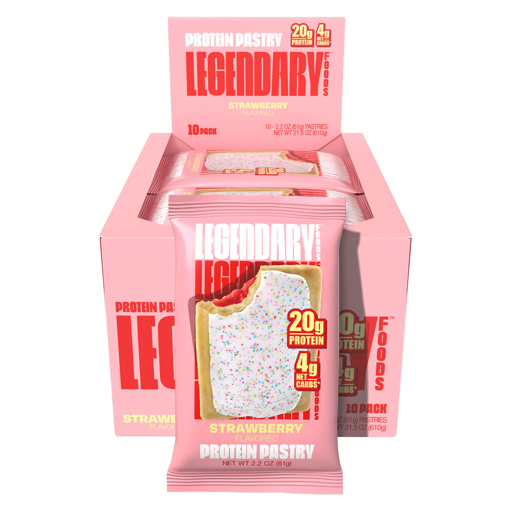 Legendary Foods Strawberry Protein Pastry 10-pack display. 20g protein, 4g net carbs, white icing with sprinkles.