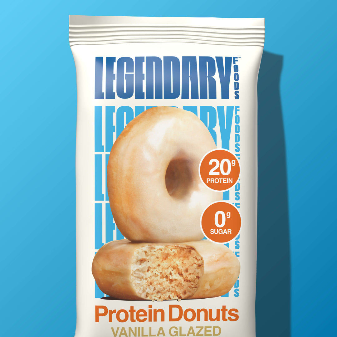 Close-up of a pouch of Vanilla Glazed Protein Donuts showing donut image with 20g protein and 0g sugar highlights.