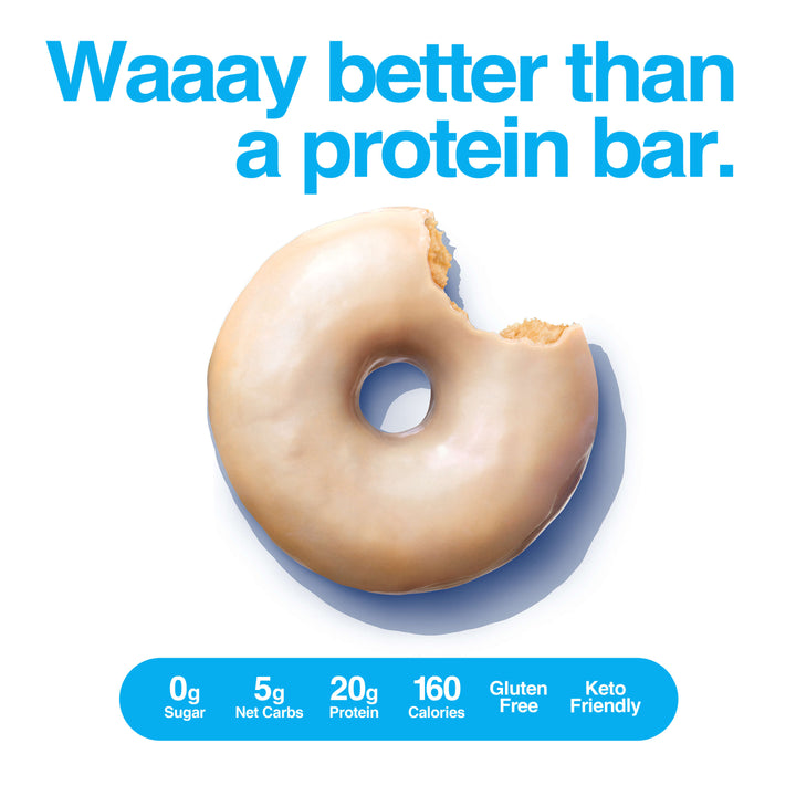 Vanilla glazed protein donut with a bite taken out, caption says “Waaay better than a protein bar” with nutrition info below.