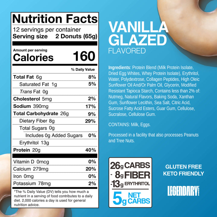 Vanilla Glazed Protein Donuts nutrition panel shows 160 calories, 20g protein, 26g carbs, 8g fiber, and 13g erythritol per 2-donut serving. Contains milk, eggs. Gluten free, keto-friendly. Made by Legendary Foods.