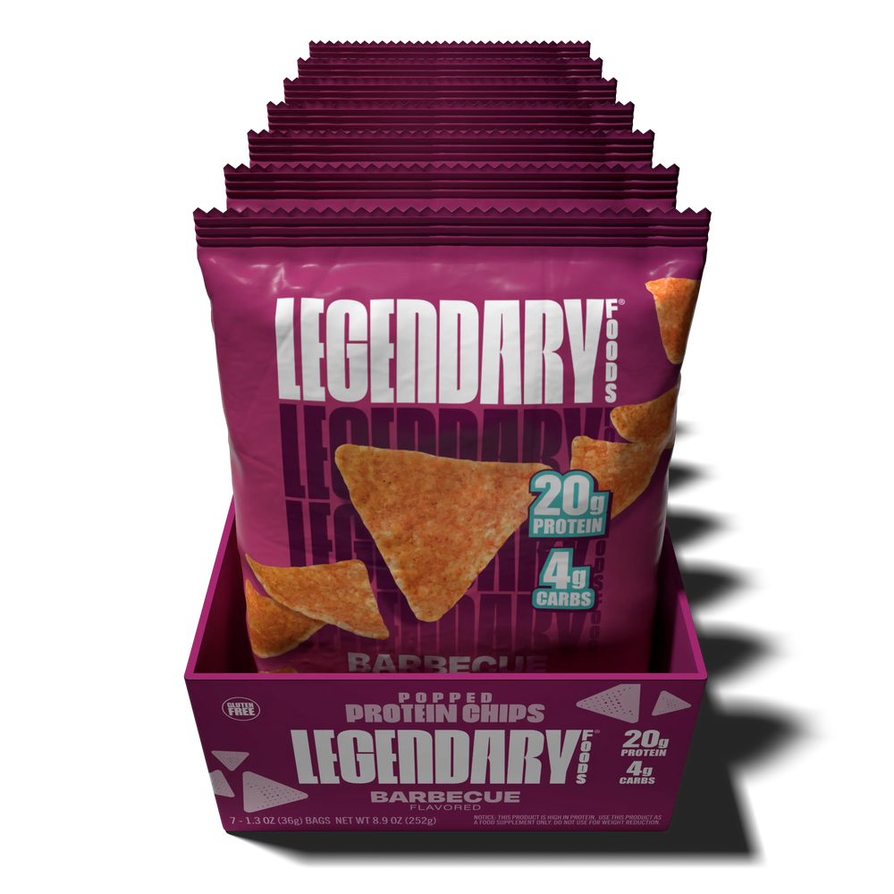 Top down view of an open box of Legendary Foods Barbecue Popped Protein Chips