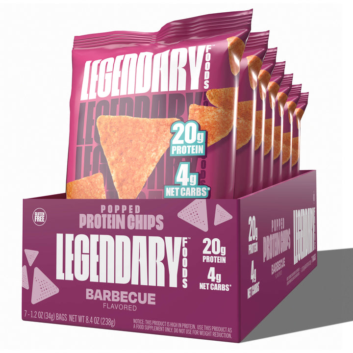 Box of Legendary Foods Barbecue Popped Protein Chips featuring 20g protein and 4g net carbs.