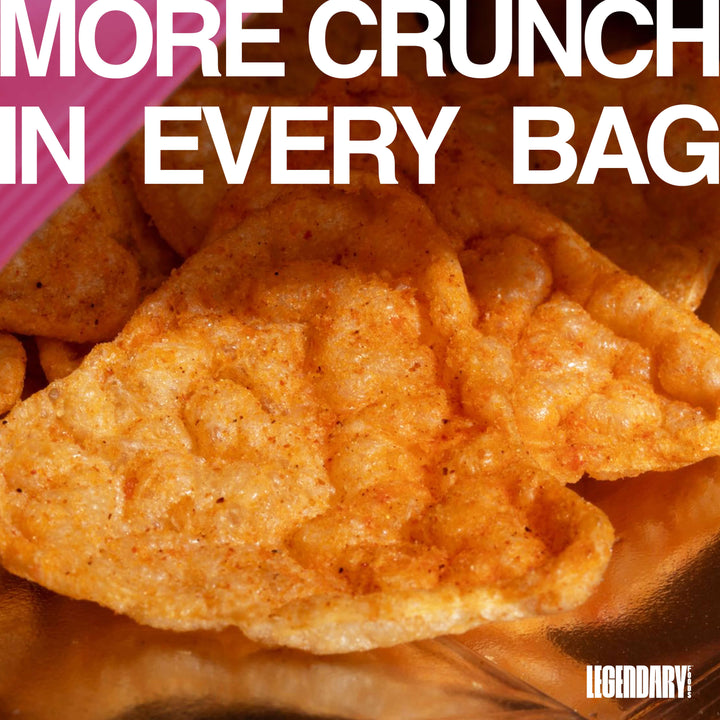 Close-up of crispy barbecue protein chips with text "More Crunch In Every Bag."