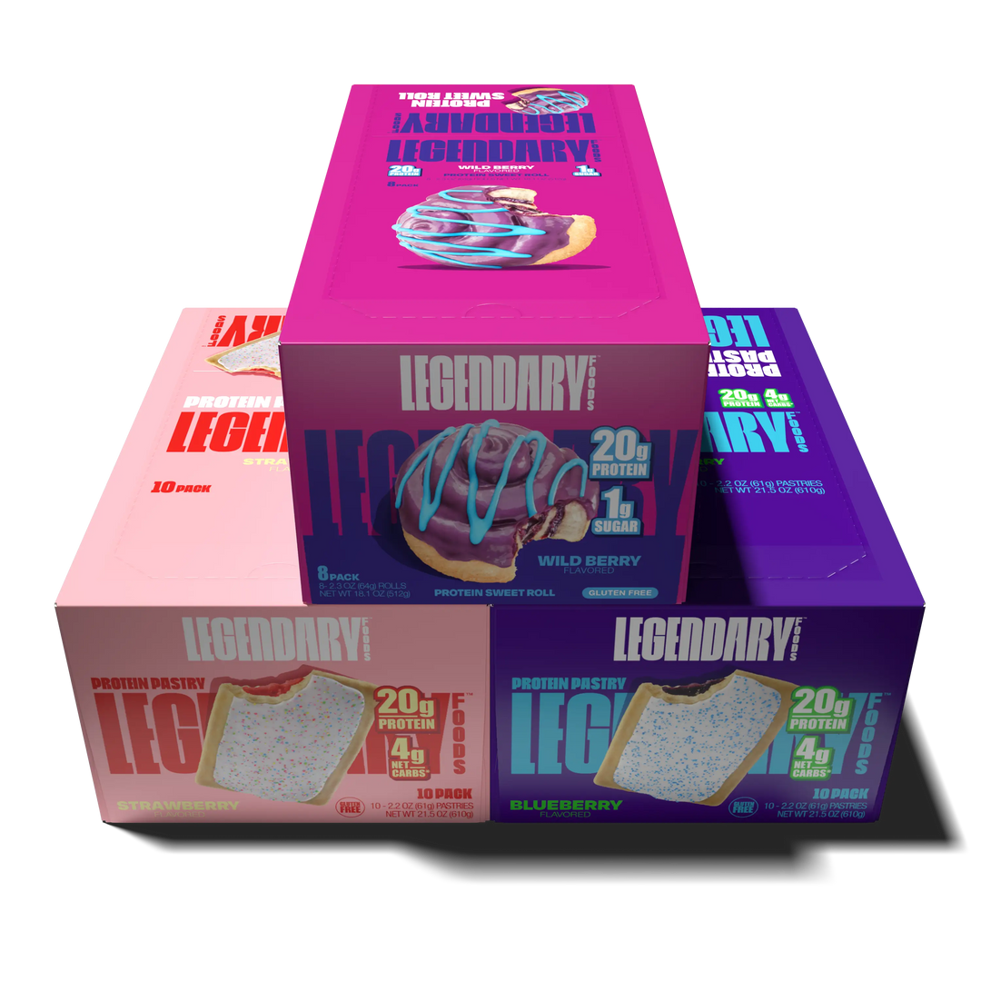 Bundle of Legendary Foods products - including a box of strawberry and blueberry protein pastries and wild berry sweet roll