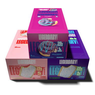 Bundle of Legendary Foods products - including a box of strawberry and blueberry protein pastries and wild berry sweet roll