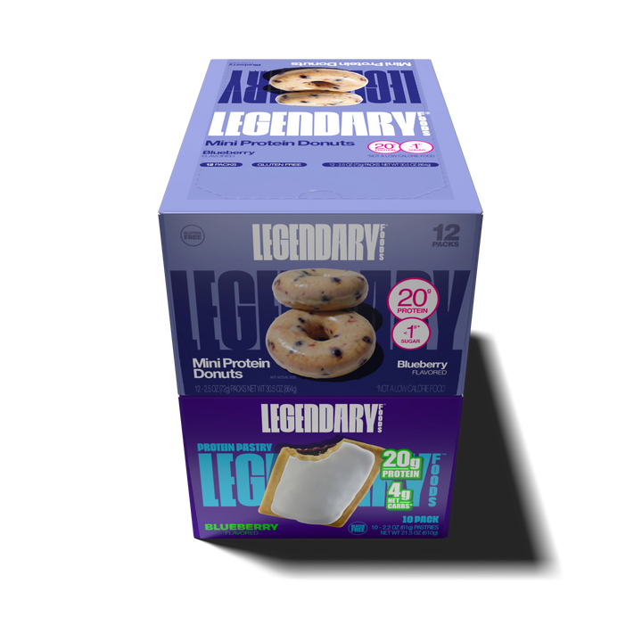 Box of Legendary Blueberry Protein Donuts on top of a box of Legendary Blueberry Protein Pastries
