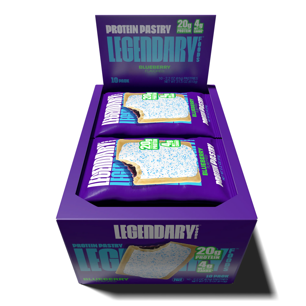 Top down view of an open box of Legendary Foods Blueberry Protein Pastries 