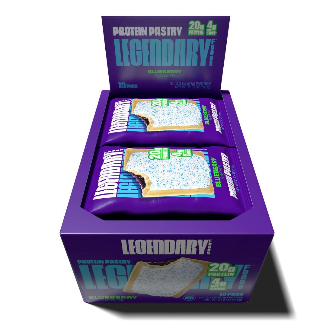 Top down view of an open box of Legendary Foods Blueberry Protein Pastries 