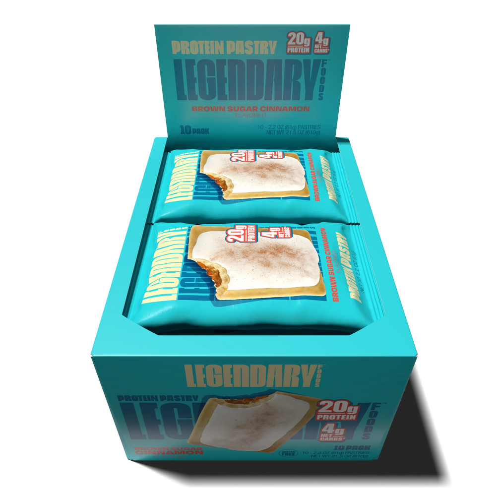 Top down view of an open box of Legendary Foods Brown Sugar Cinnamon Protein Pastries 