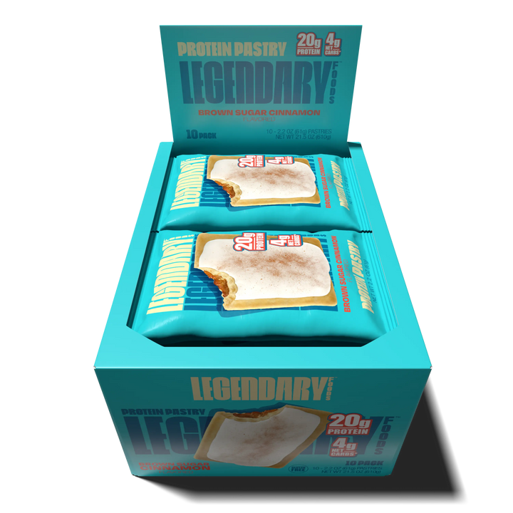 Top down view of an open box of Legendary Foods Brown Sugar Cinnamon Protein Pastries 
