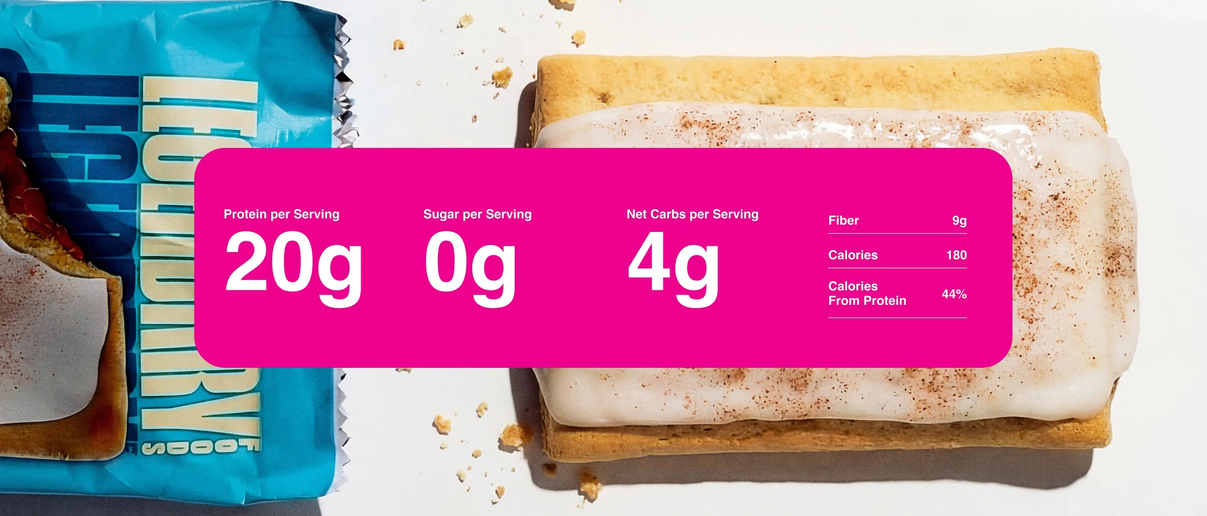 Zoomed in product photography with nutrition information for the Brown Sugar Cinnamon Protein Pastry