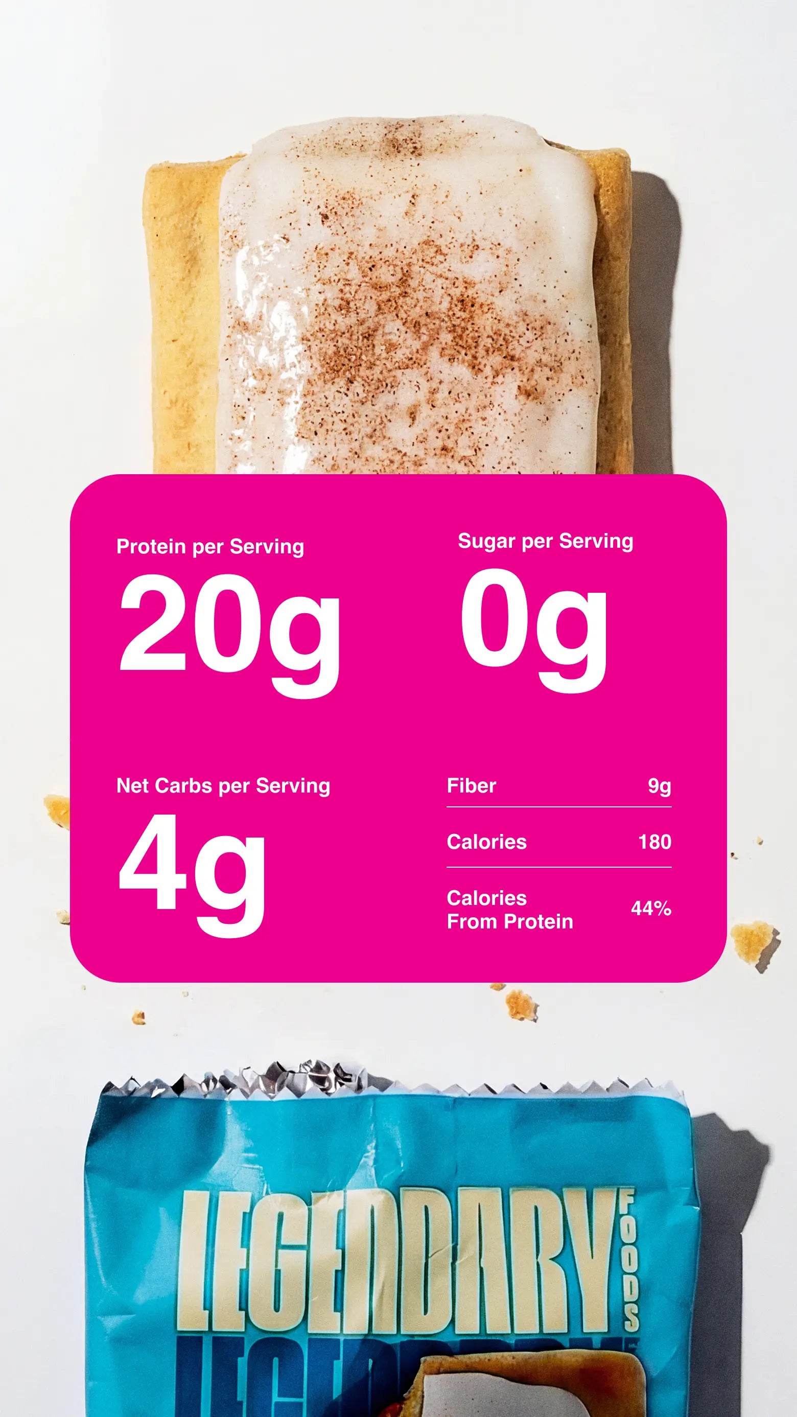 Zoomed in product photography with nutrition information for the Brown Sugar Cinnamon Protein Pastry