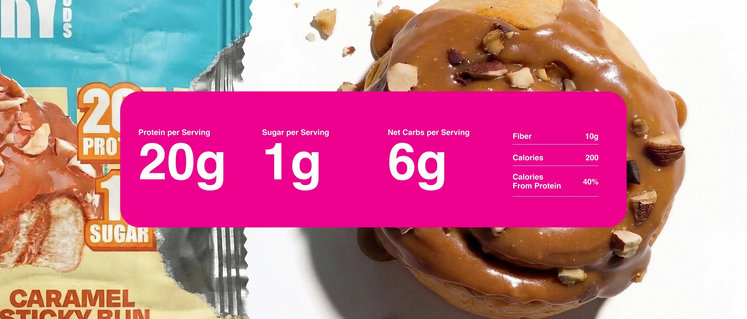 Zoomed in product photography with nutrition information for the Caramel Sticky Bun Protein Sweet Roll