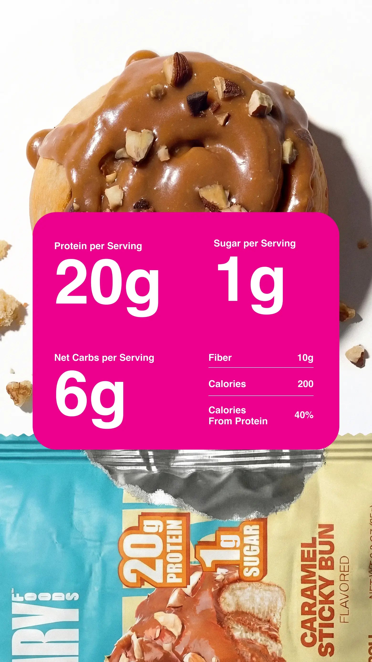 Zoomed in product photography with nutrition information for the Caramel Sticky Bun Protein Sweet Roll