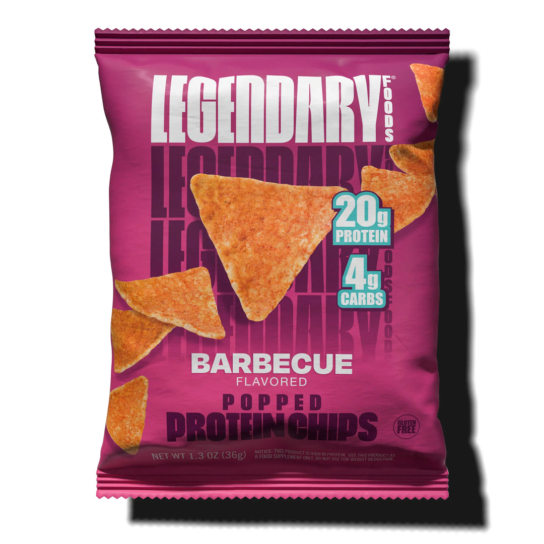 Purple package of Legendary Foods Barbecue Flavored Popped Protein Chips on a white background