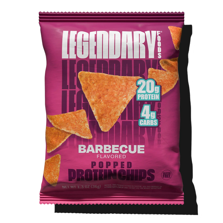 Purple package of Legendary Foods Barbecue Flavored Popped Protein Chips on a white background