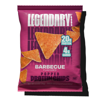 Purple package of Legendary Foods Barbecue Flavored Popped Protein Chips on a white background